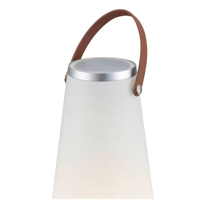 13.75 In. White Indoor/Outdoor Rechargeable Battery Operated LED Lamp with Built-In Wireless Speaker
