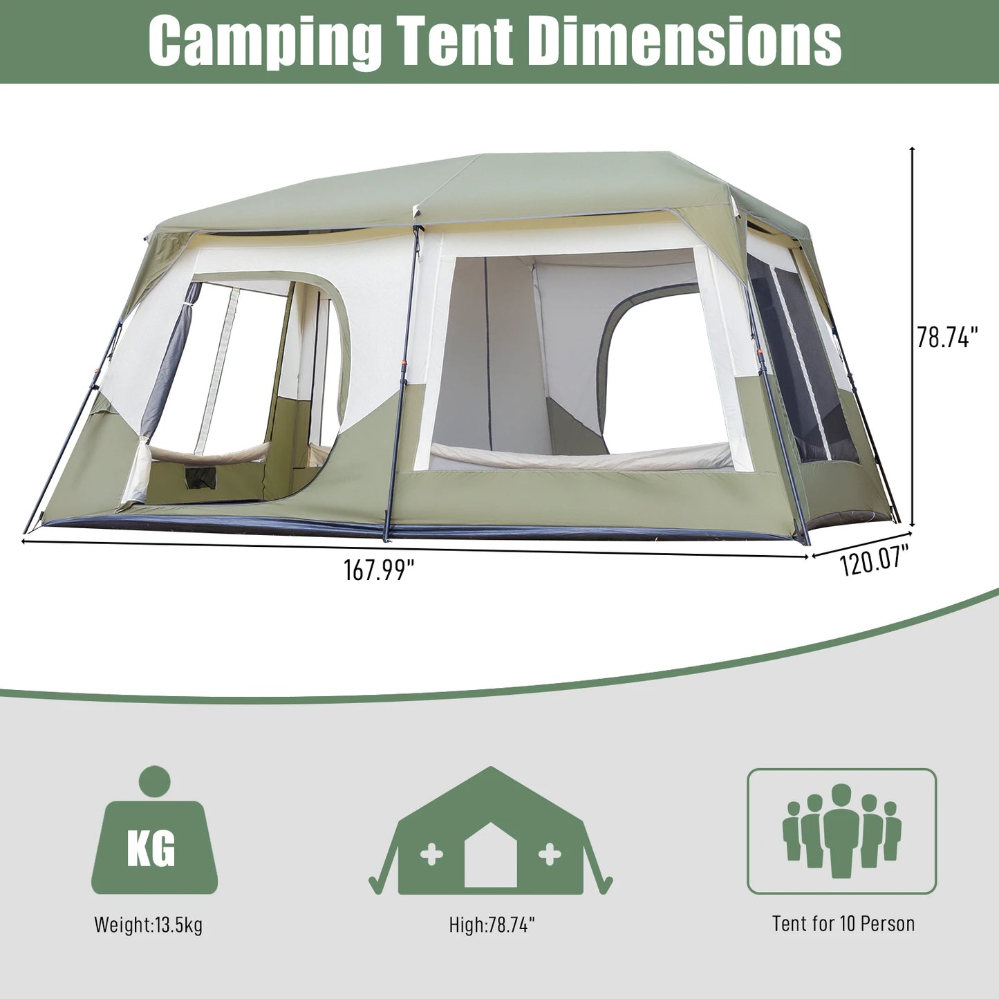 10 Person Camping Tent with Rainfly & Windproof with Carry Bag
