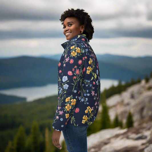 Royal Blue Flowers Puffer Jacket