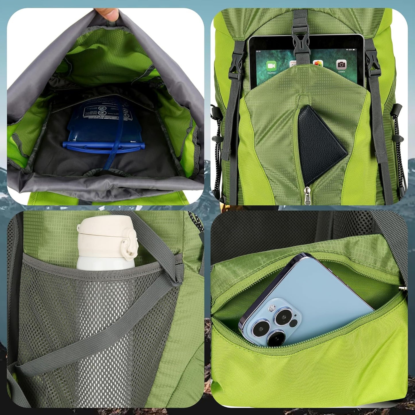 75L Hiking Backpack with Rain Cover Waterproof Camping Backpack Shoes Warehouse for Men Women, Frameless