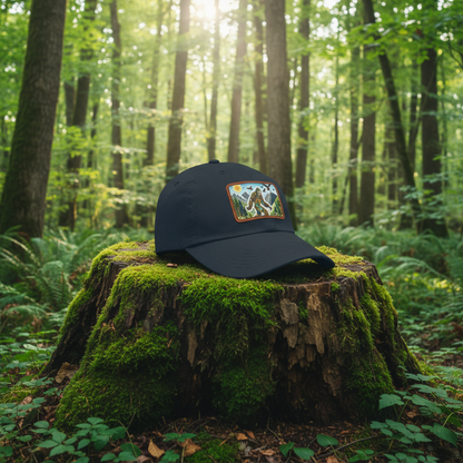 Navy blue cap with a colorful patch featuring a Sasquatch in a forest design on a white background.