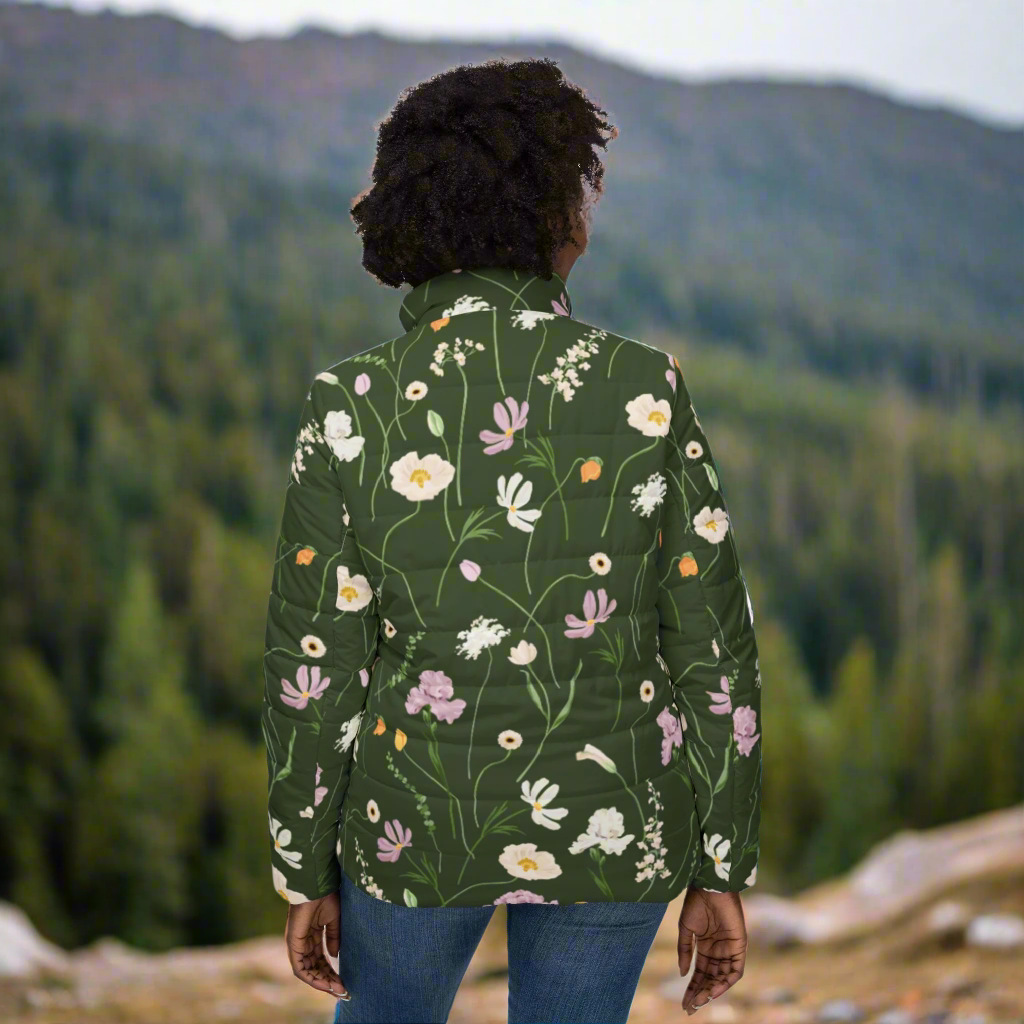 Army Green Flowers Puffer Jacket