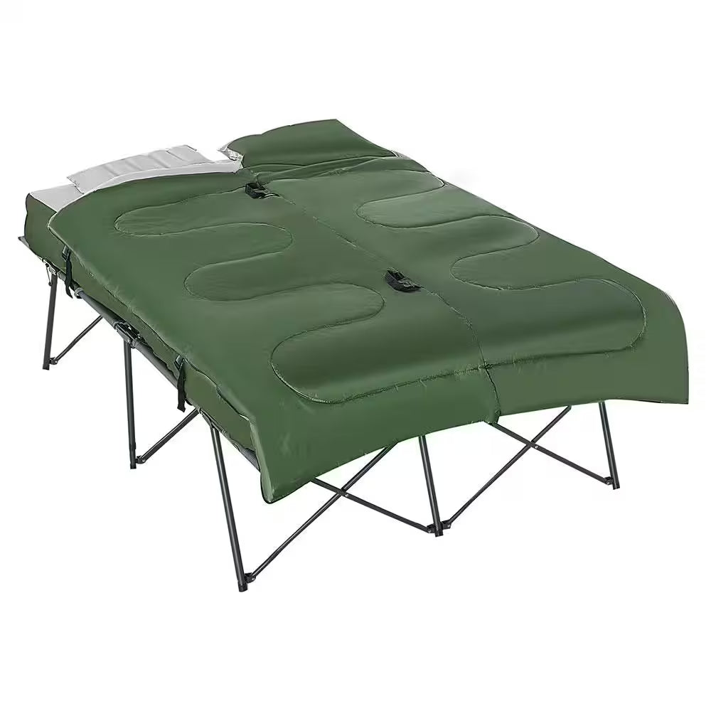 2-Person Folding Camping Cot, Outdoor Bed Set with Sleeping Bag, Inflatable Mattress, Pillows and Carry Bag, Green
