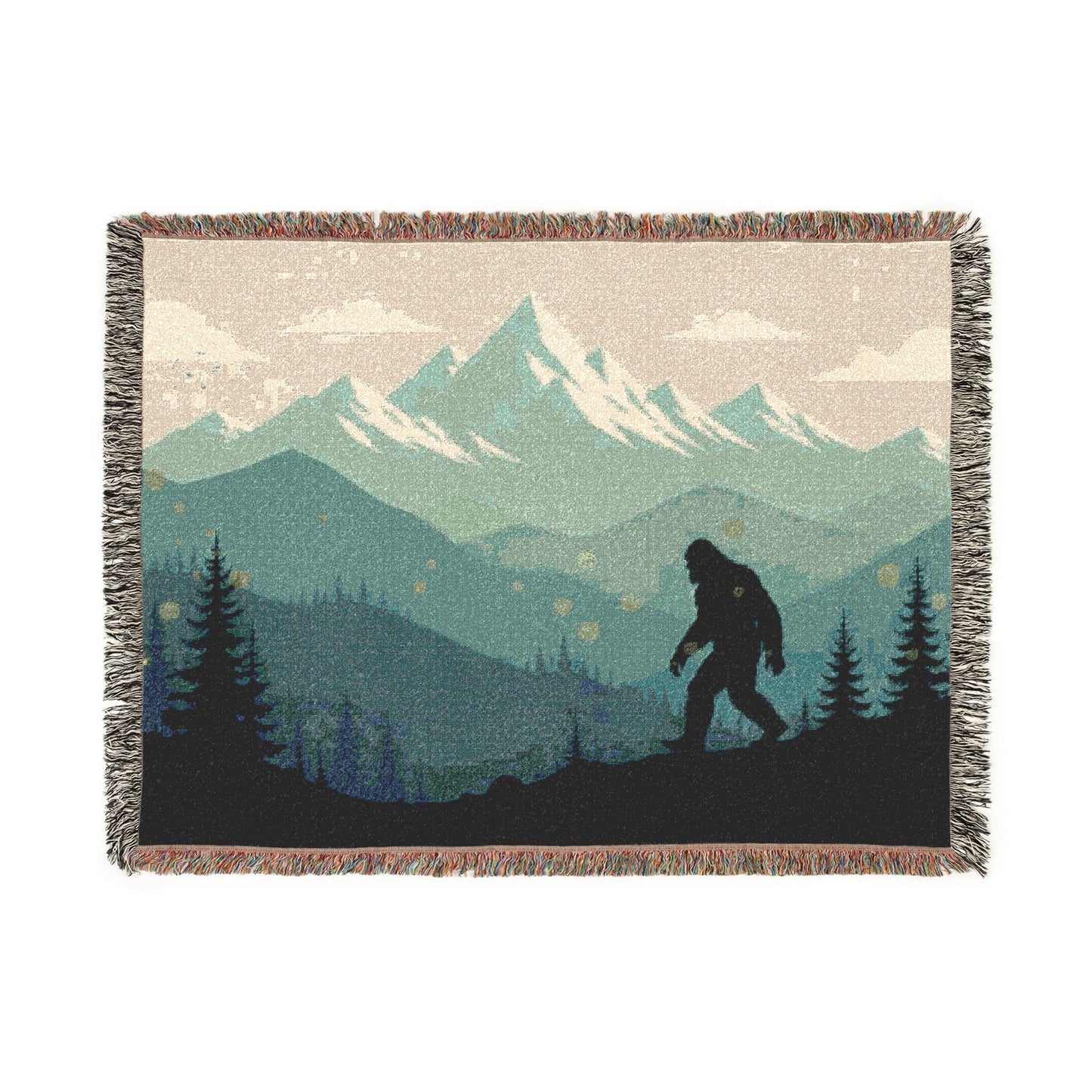Bigfoot Mountain Woven Blanket — Sasquatch Scenic Throw for Camping & Cabin Décor