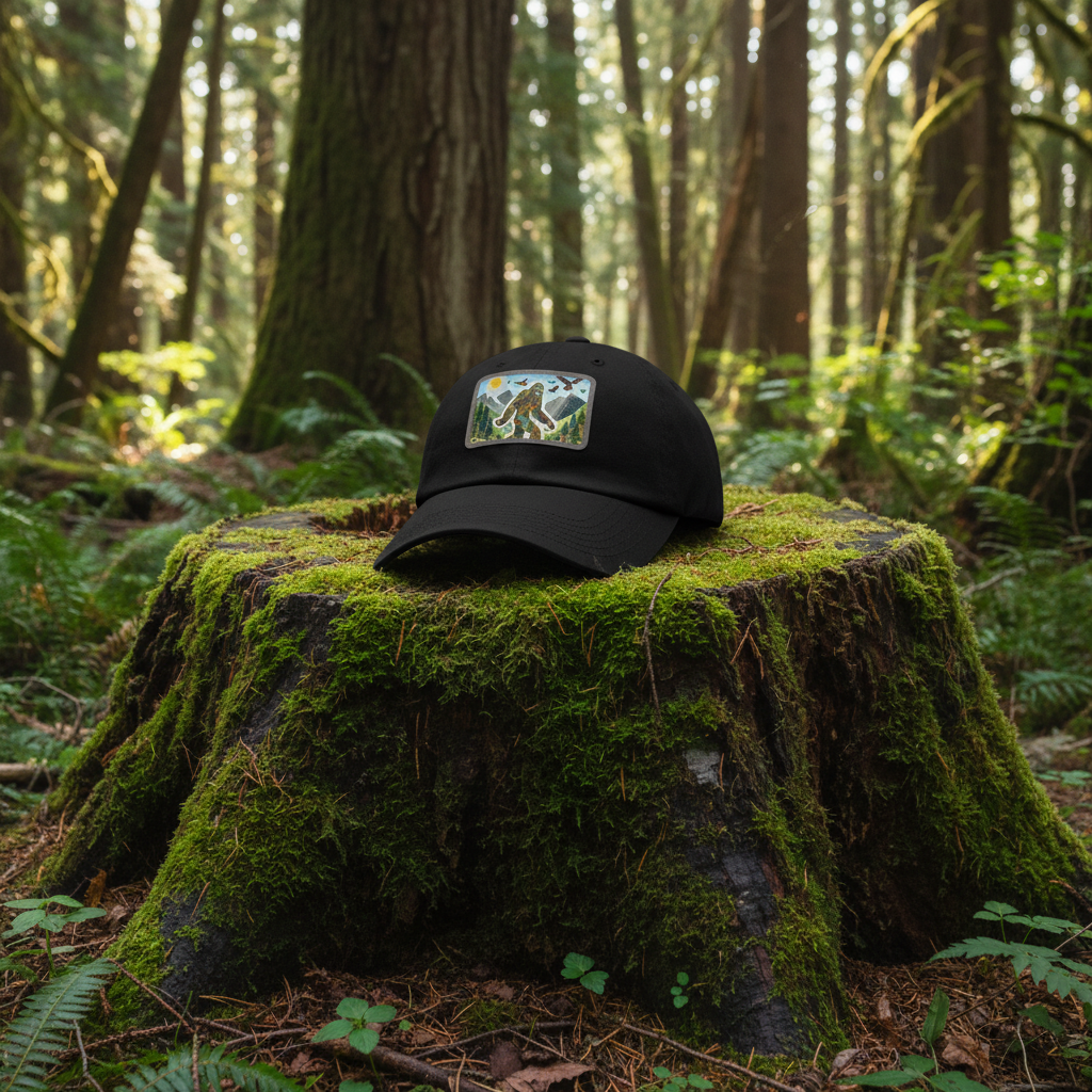 Black cap with a colorful patch featuring a bear and trees on a white background