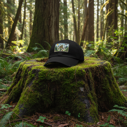 Black cap with a colorful patch featuring a bear and trees on a white background