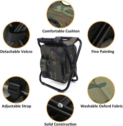 INBESK Folding Camping Chair Stool Backpack, with Cooler Insulated Picnic Bag, Hiking Camo Ultralight Seat Table Bag Camping Gear for Outdoor Indoor Fishing Travel Beach BBQ (Camouflage)