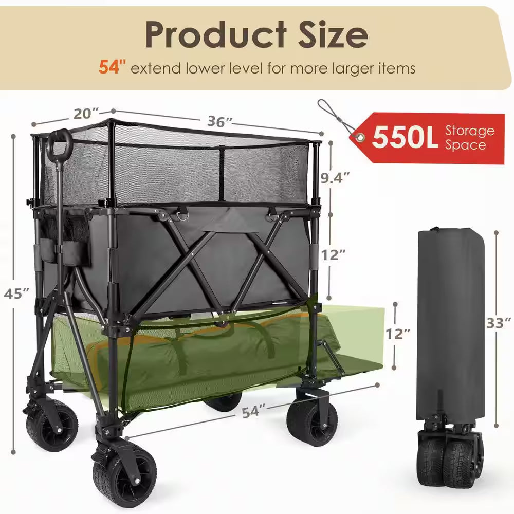20 Cu. Ft. Black Metal Garden Cart Double Decker Wagon Cart with Wheels Foldable, 550L Large Capacity Collapsible Wagon
