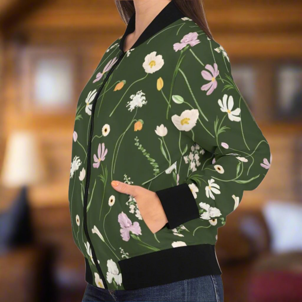 Army Green Flowers - Women's Bomber Jacket