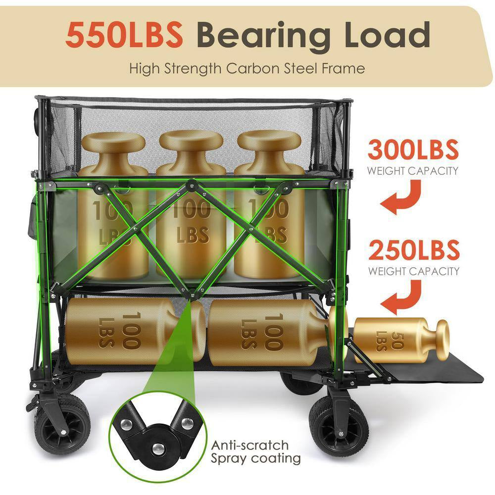 20 Cu. Ft. Black Metal Garden Cart Double Decker Wagon Cart with Wheels Foldable, 550L Large Capacity Collapsible Wagon