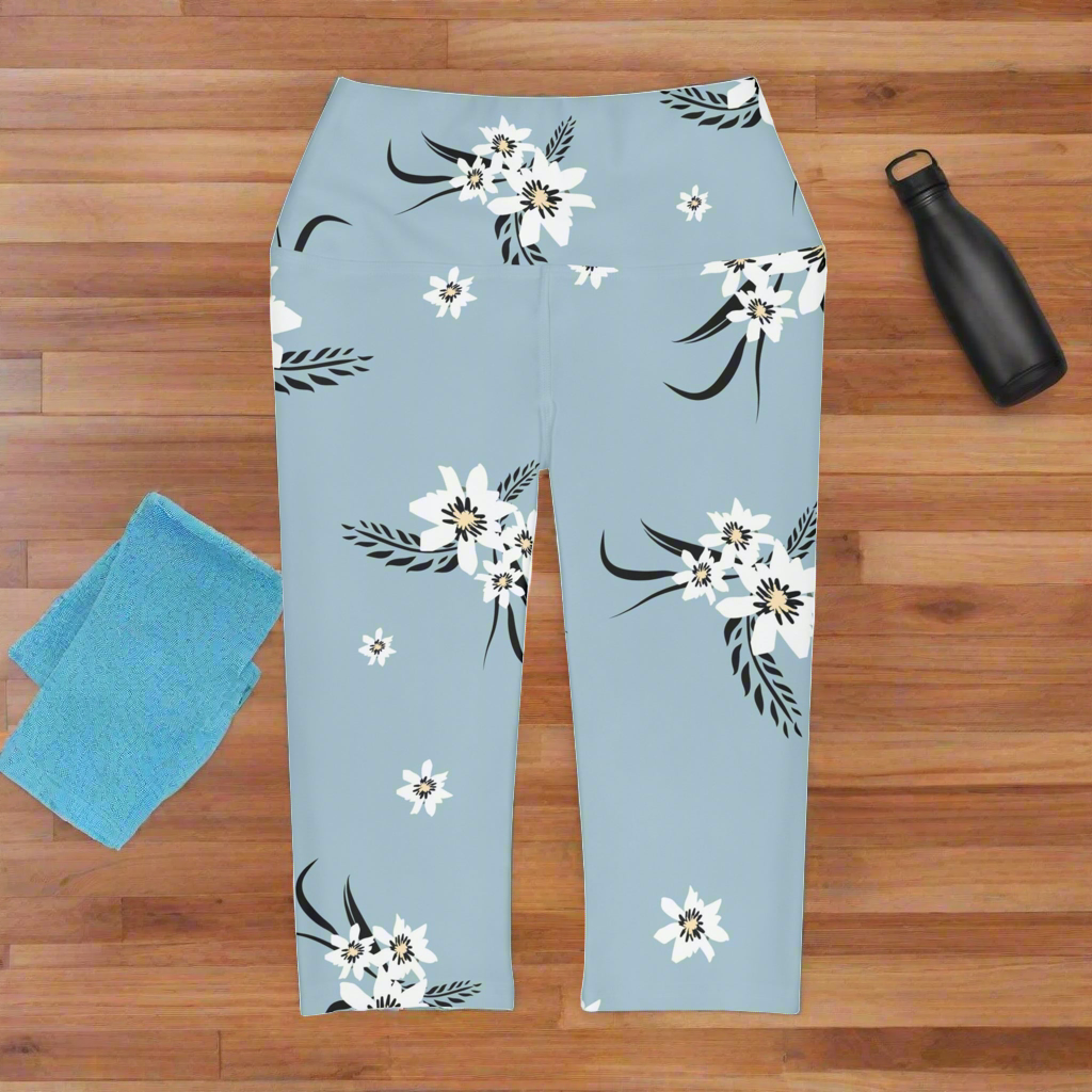 Blue Floral Yoga Capri Leggings