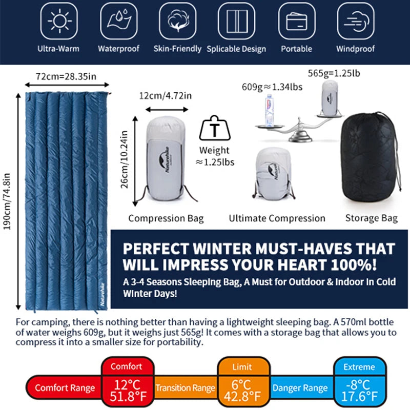 Naturehike CW295 Duck Down Sleeping Bag - Splicable Ultralight