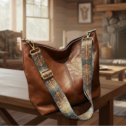 Brown leather handbag with a decorative strap on a neutral background
