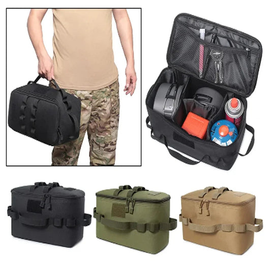 Black tactical bag held by a person in camouflage pants, with open bag showing contents on a white background.
