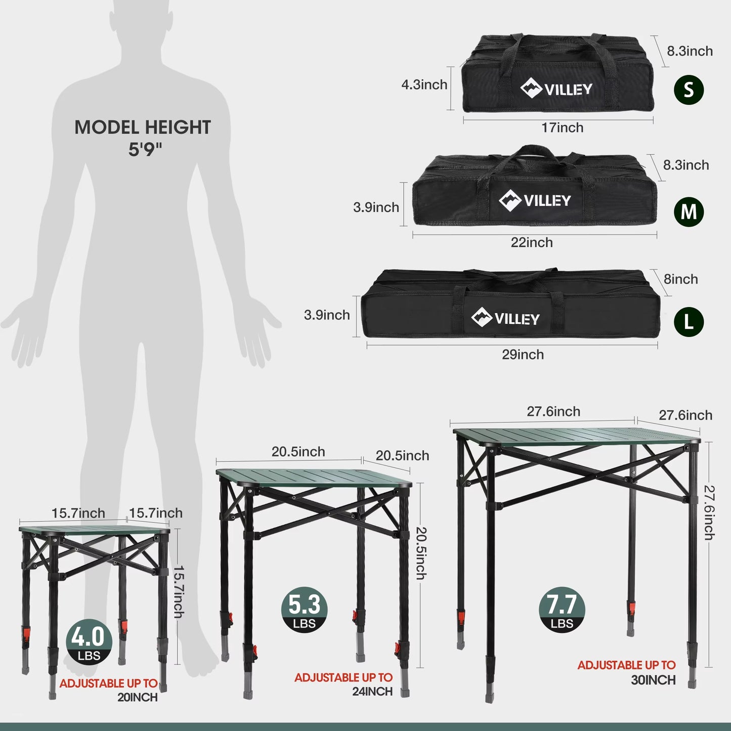 Folding Camping Square Table with Carry Bag, Lightweight Aluminum Adjustable Square Table for Outdoor, Camping, Picnic