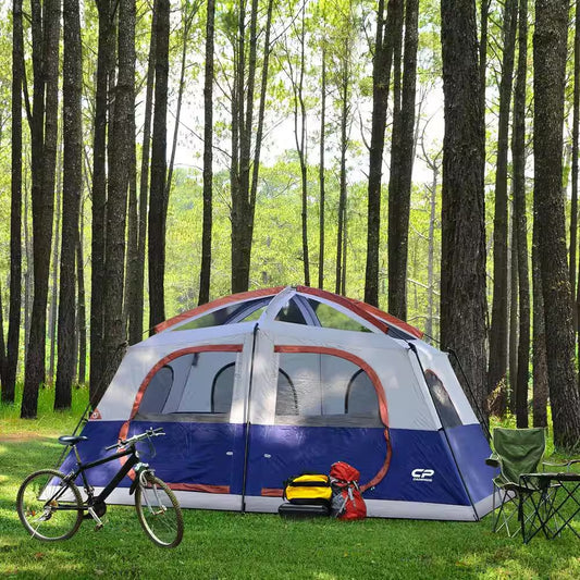 Outdoor Double Layer 14 Ft. X 9 Ft. X 82 In. 9-Person Blue Fabric Camping Tent with 2 Room and Mesh Windows
