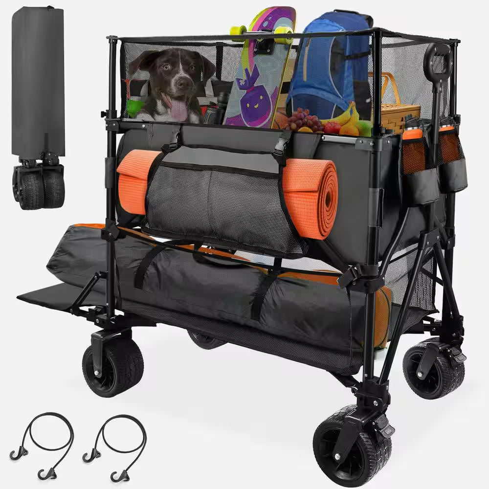 20 Cu. Ft. Black Metal Garden Cart Double Decker Wagon Cart with Wheels Foldable, 550L Large Capacity Collapsible Wagon