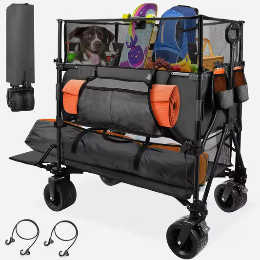 20 Cu. Ft. Black Metal Garden Cart Double Decker Wagon Cart with Wheels Foldable, 550L Large Capacity Collapsible Wagon
