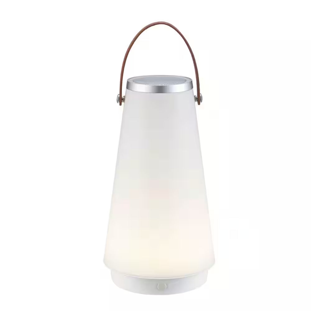 13.75 In. White Indoor/Outdoor Rechargeable Battery Operated LED Lamp with Built-In Wireless Speaker