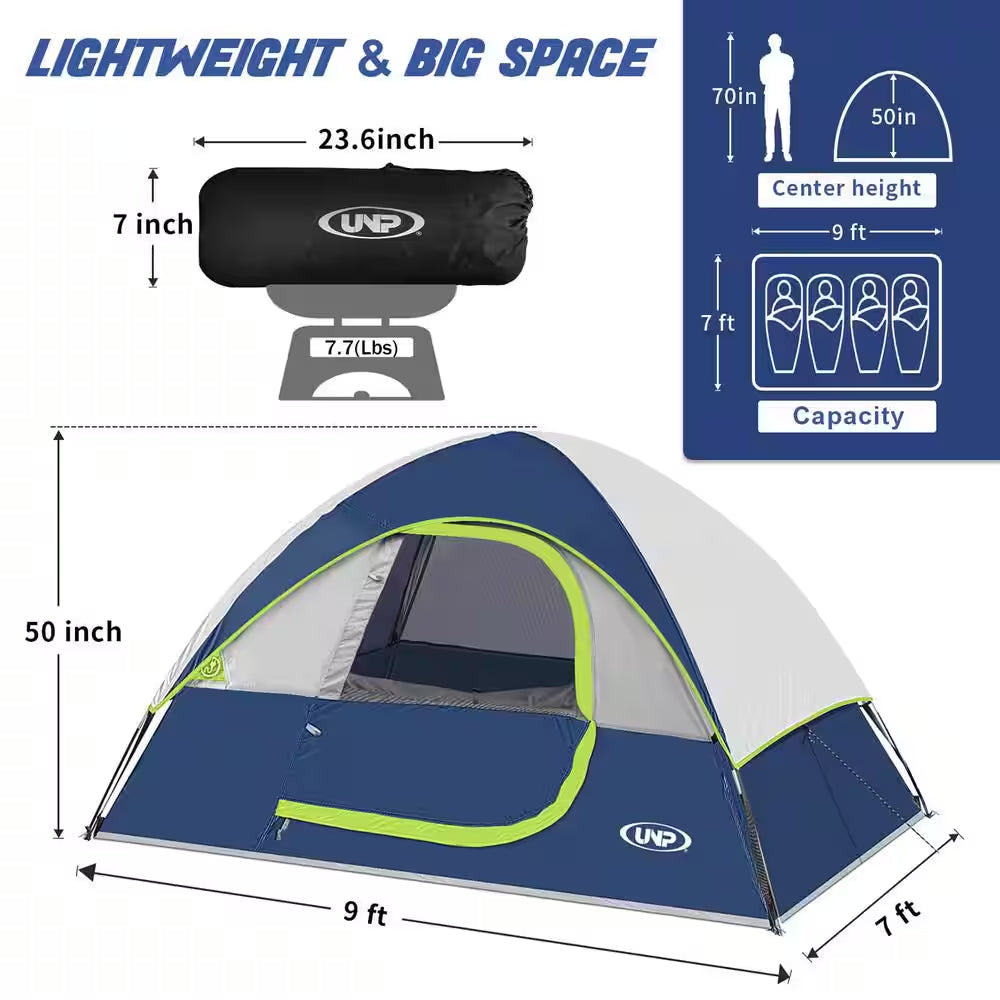 Deep Blue 4-Person Camping Tents, Waterproof Windproof Tent with Rainfly Easy Set Up-Portable Dome Tents for Camping