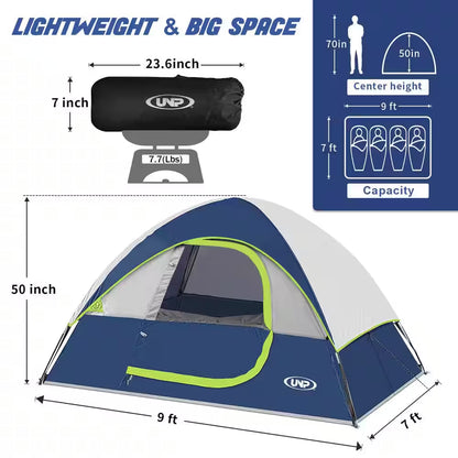 Deep Blue 4-Person Camping Tents, Waterproof Windproof Tent with Rainfly Easy Set Up-Portable Dome Tents for Camping