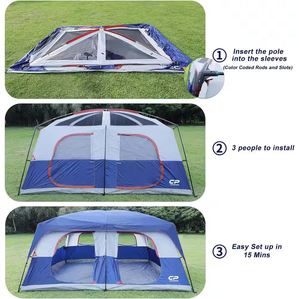 Outdoor Double Layer 14 Ft. X 9 Ft. X 82 In. 9-Person Blue Fabric Camping Tent with 2 Room and Mesh Windows