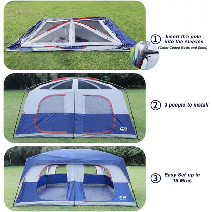 Outdoor Double Layer 14 Ft. X 9 Ft. X 82 In. 9-Person Blue Fabric Camping Tent with 2 Room and Mesh Windows