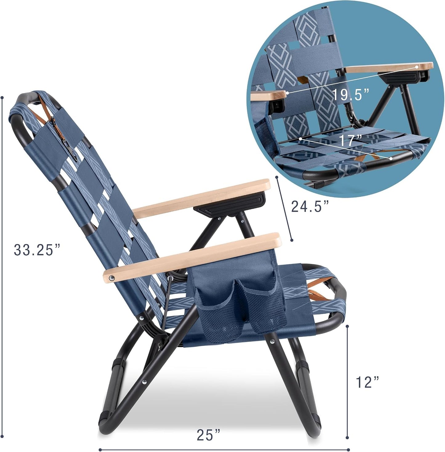 Kove Twilight Blue Beach Camping Chair, Hands Free Carrying Strap + Real Wood Handles & 2 Cup Holders, Foldable Reclining Low Profile Collapsible Lawn Chair, Holds 300 Lbs