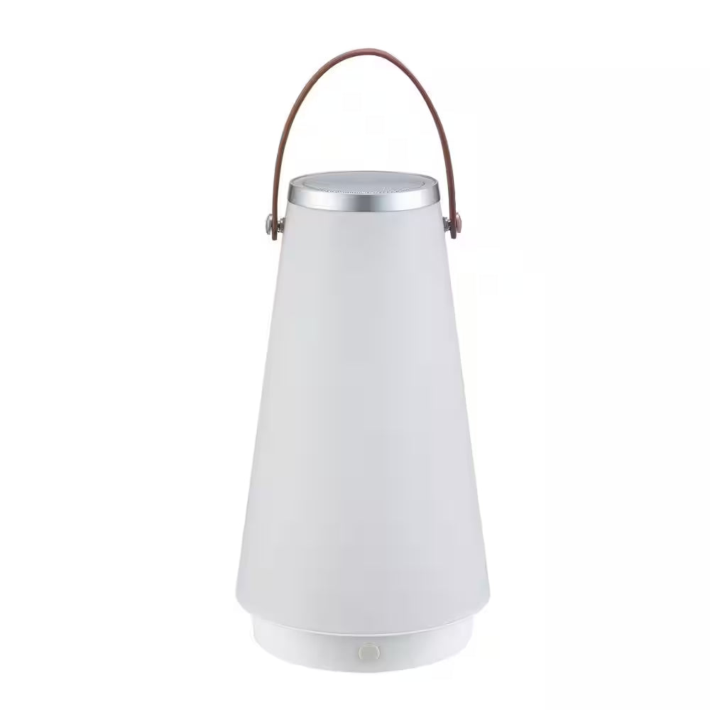 13.75 In. White Indoor/Outdoor Rechargeable Battery Operated LED Lamp with Built-In Wireless Speaker