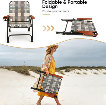 Folding Lawn Chair, Portable Camping Chair with Steel Frame, Woven Fabric and Wooden Armrests, Webbed Patio Dinning Chair for Yard Camping Poolside Beach