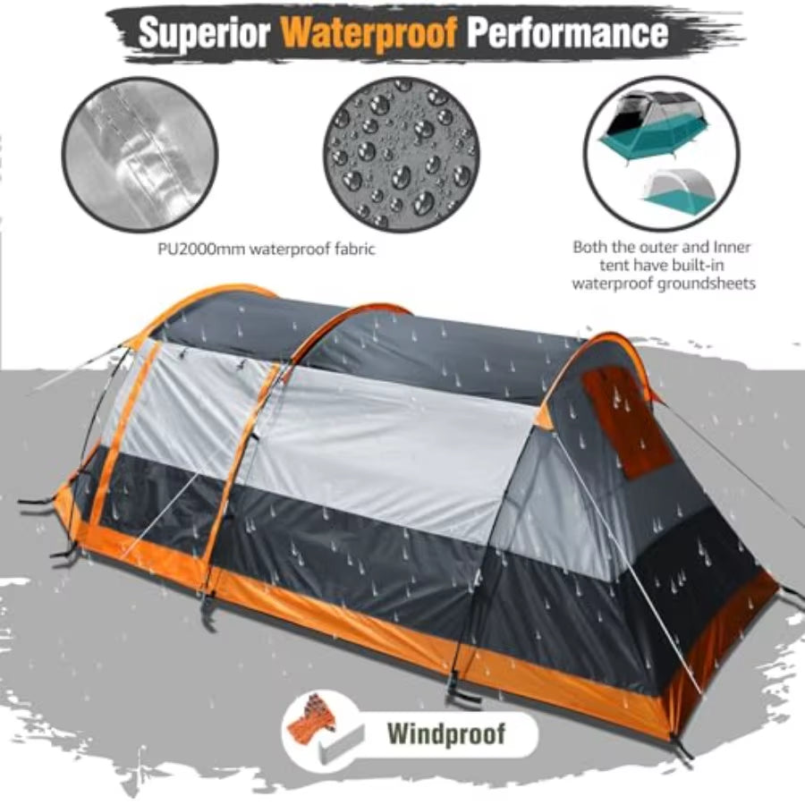 Camping Tents Tunnel Tent 4 Person Family Tents with 2 Doors Extra Weatherproof Outdoor Shelter 4 Seasons Tents with Double Wat