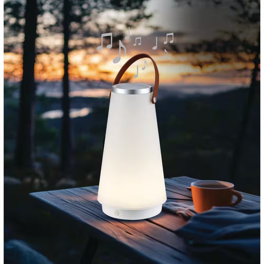 13.75 In. White Indoor/Outdoor Rechargeable Battery Operated LED Lamp with Built-In Wireless Speaker