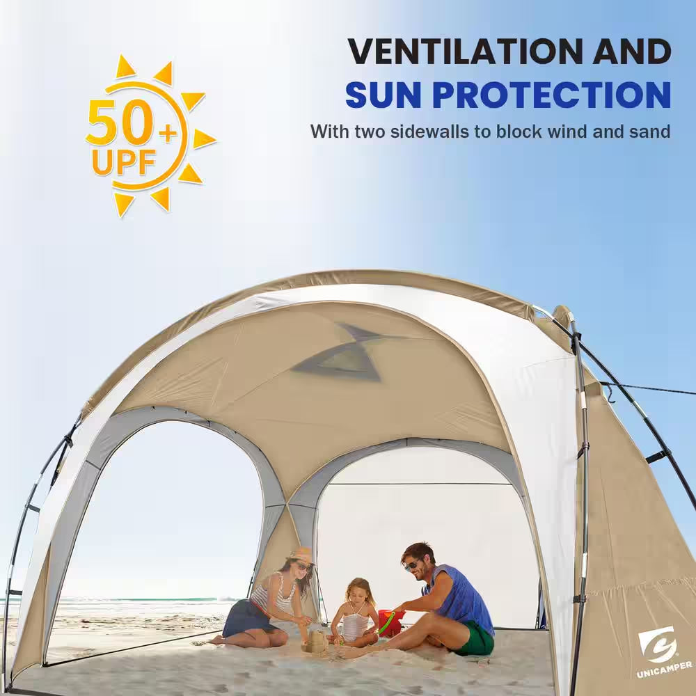 Khaki Large Sun Shelter for 9-People to 12-People UPF50+ Portable Beach Sunshade Tent with Carry Bag