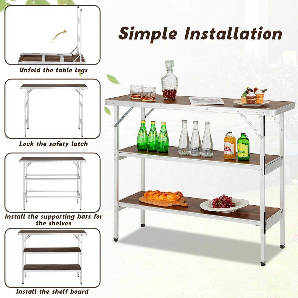 Folding Camping Table Aluminum Portable Picnic Table with 2-Tier Shelves Coffee