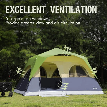 Camping Tent, 8 Person, Instant Set Up, Large Water Resistant with 5 Large Mesh Windows, Rainfly, Carry