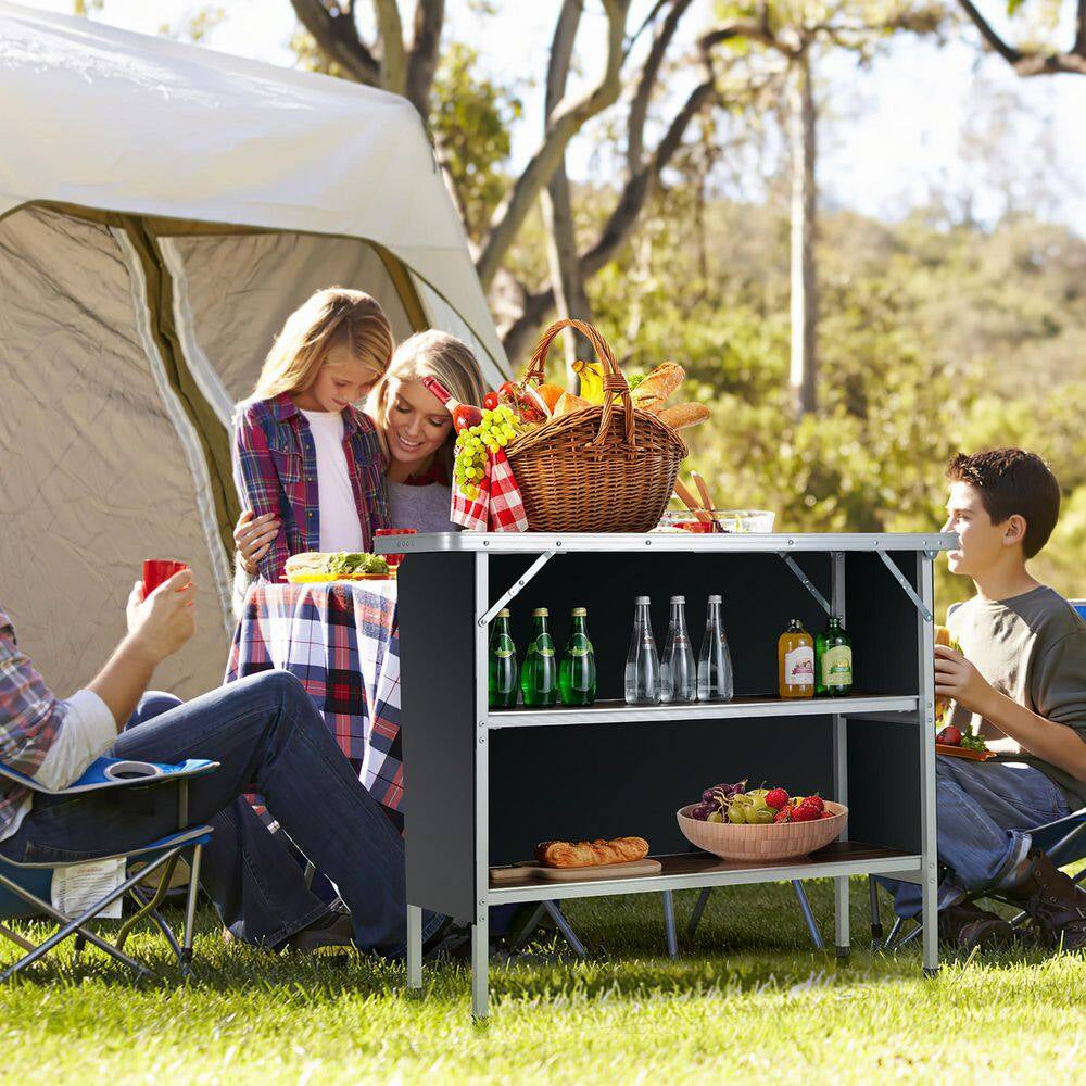 Folding Camping Table Aluminum Portable Picnic Table with 2-Tier Shelves Coffee