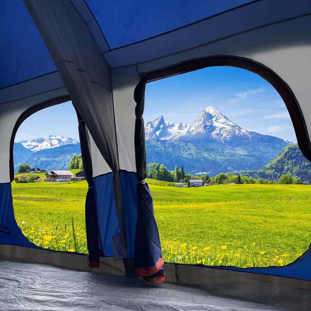 Outdoor Double Layer 14 Ft. X 9 Ft. X 82 In. 9-Person Blue Fabric Camping Tent with 2 Room and Mesh Windows