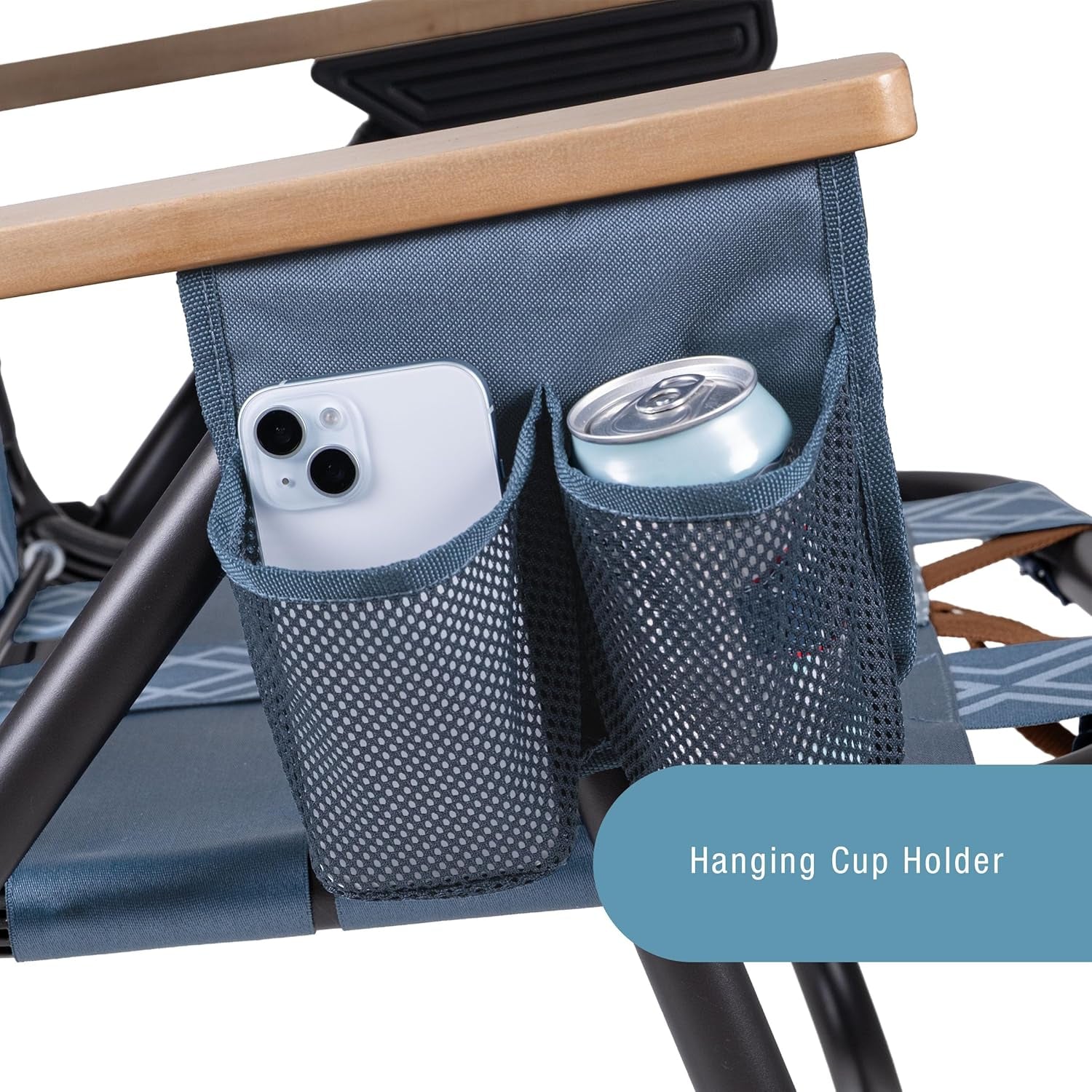 Kove Twilight Blue Beach Camping Chair, Hands Free Carrying Strap + Real Wood Handles & 2 Cup Holders, Foldable Reclining Low Profile Collapsible Lawn Chair, Holds 300 Lbs