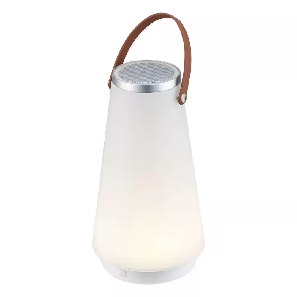 13.75 In. White Indoor/Outdoor Rechargeable Battery Operated LED Lamp with Built-In Wireless Speaker