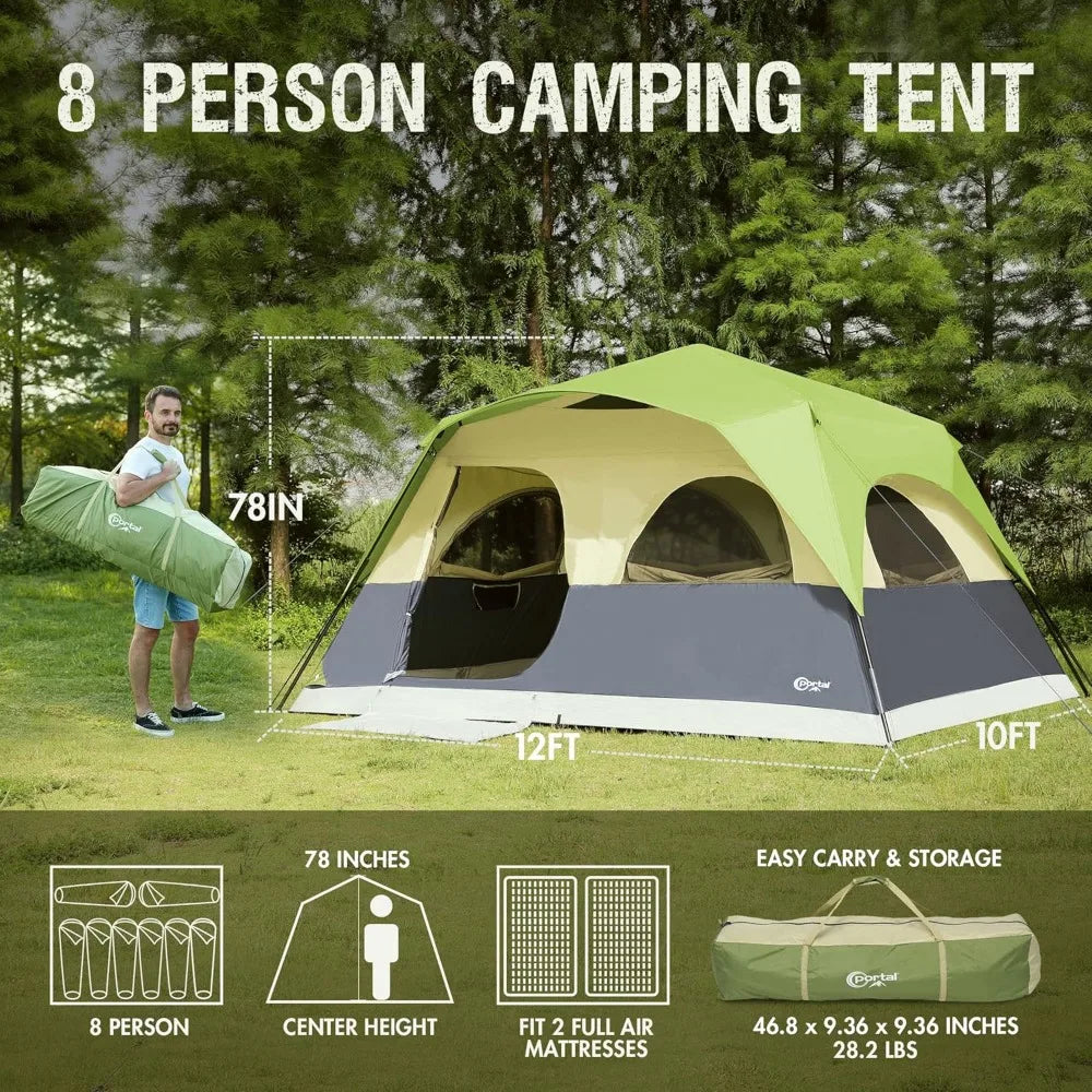 Camping Tent, 8 Person, Instant Set Up, Large Water Resistant with 5 Large Mesh Windows, Rainfly, Carry