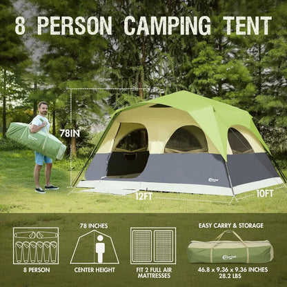Camping Tent, 8 Person, Instant Set Up, Large Water Resistant with 5 Large Mesh Windows, Rainfly, Carry