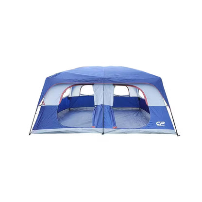 Outdoor Double Layer 14 Ft. X 9 Ft. X 82 In. 9-Person Blue Fabric Camping Tent with 2 Room and Mesh Windows